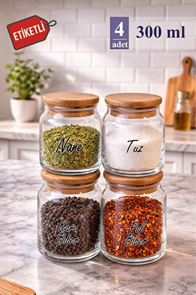 Mutfak Köşesi Pureglass Set of 4 300 ml Vacuum Glass Spice Containers with Wo...