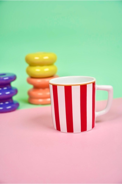 Vivas KULPLU MODEL Kırmızı Dikey Çizgili Double Türk Kahvesi Fincanı Kulpsuz ...