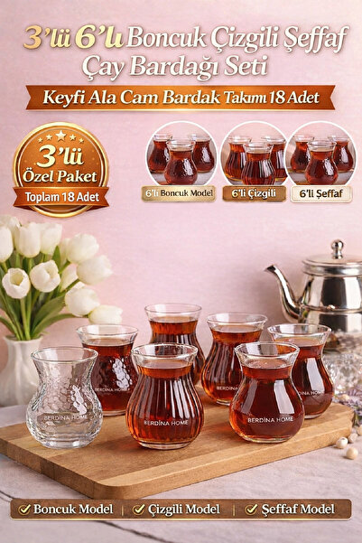 Berdina Home 3’lü 6’lı Boncuk Çizgili Şeffaf Çay Bardağı Seti Keyfi Ala Cam B...