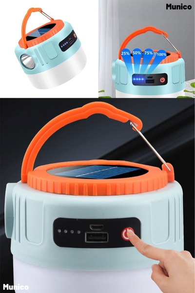 Munico Solar LED Kamp Lambası 1200 mAh Şarjlı USB ve Güneş Enerjili Telefon Ş...