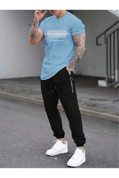 puolikuu Men's Oversized Tracksuit Set - Stone Washed Printed T-Shirt - Track...