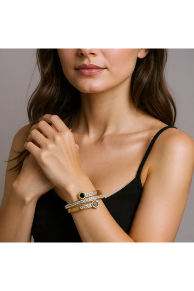 Rojmix Women's Gold Color Handcuff Bracelet with Black Stone Detail, Stylish ...