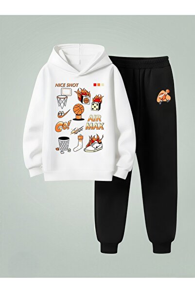 VODEXA Boy's Hooded Set Basket Toplu Printed 3 Yarns Ş Brushed Inside Sweatsh...
