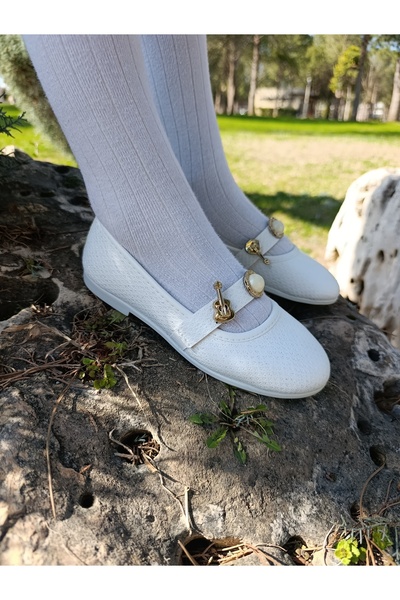 NewOneMall Kız Çocuk Beyaz Simli Aksesuar Detay Rahat Taban Çocuk Beyaz Babet...