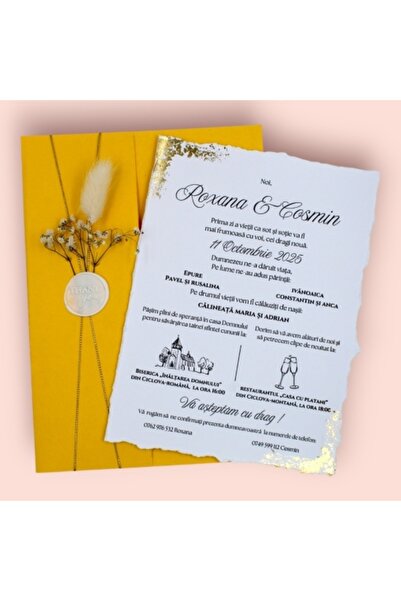 Fabricacucadouri.ro Pachet 50 Invitație nuntă cu plic galben, foiță aurie și ...