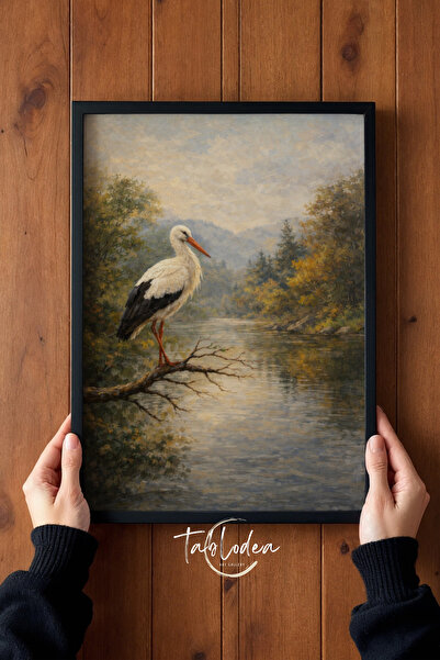 tablodea Stork Patterned Vintage Oil Painting Look Framed Poster Td Nature Th...