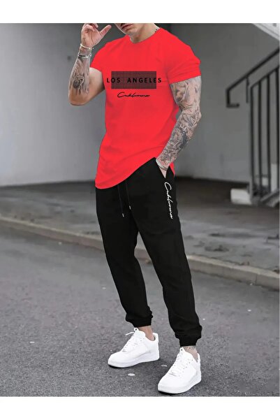 puolikuu Men's Oversized Tracksuit Set - Stone Washed Printed T-Shirt - Track...