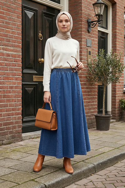 MODAQU Elastic Waist Pocketed Denim Skirt - Dark Blue