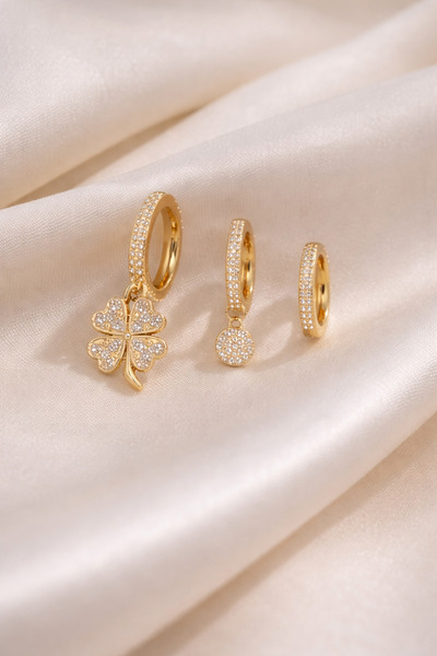 Belasso Kadın Altın Renk Yonca Figürlü Zirkon Taşlı Xuping 3’lü Halka Küpe Seti