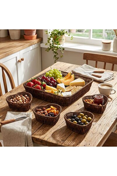Genel Markalar Çetiner Group® 5 Parça,4 Kalp Formlu Plastik Rattan Sunum ve Kahvaltı Seti-Bölmeli Çerezlik ve Meyvelik-Doğal Hasır Görünümlü Tepsi ve Sunum Tabakları