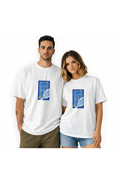 Kidilia تي شيرت بتصميم رقبة دائرية للجنسين مع صورة ملعب التنس