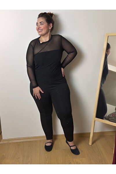 Store Büyükbeden Siyah Tül Ful Likralı Şık Bluz