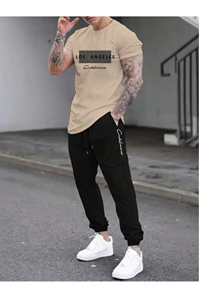 puolikuu Men's Oversized Tracksuit Set - Stone Washed Printed T-Shirt - Track...