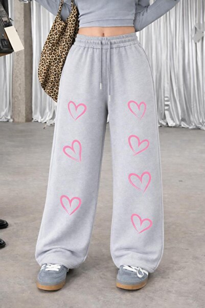 Le Vion Women's Heart Print Detailed Oversized Wide Leg Relaxed Fit Sweatpants