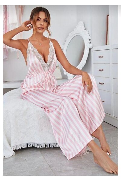 STARRY NIGHT Pink Striped Satin Nightgown Jumpsuit