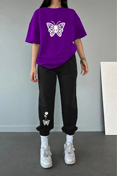 puolikuu Men's Oversized Tracksuit Set - Kelebek Printed Tshi̇rt - Eşortman