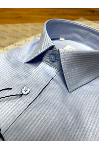 Chamis Tessitura Monti Regularfit Blue Striped Satin Classic Collar Shirt