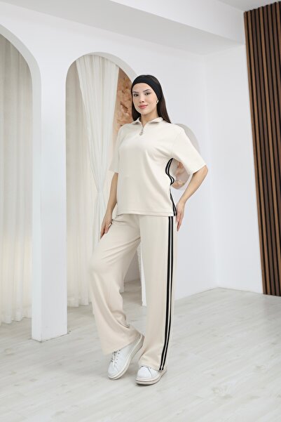 sportiness Striped Detail Half-Zipper Modal Fabric Tracksuit Set