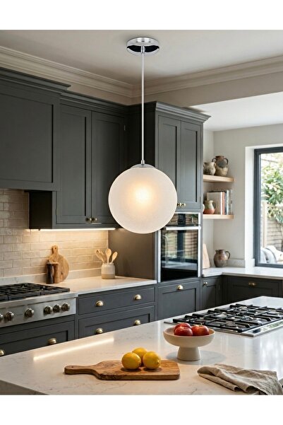 demet habek mylights Opal Küre Beyaz Cam 30 cm Mutfak Sarkıt Avize Krom Kapla...