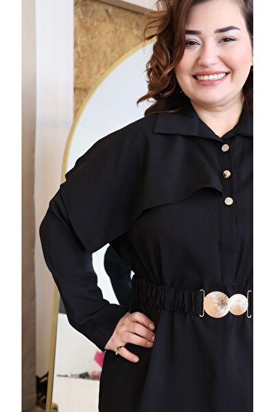 Store Büyükbeden Altın Sarı Tokalı Elbise Lastik Kemerli Rahat Kalıp Gold Detay