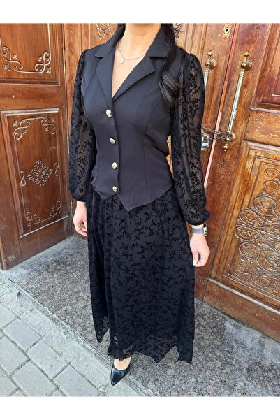 MODA Kadife Desenli Uzun Etek İçi Astarlı Bel Lastikli Kadın Etek Siyah