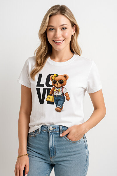Atelier Masal Sunny Teddy Women's T-Shirt White Love Bear Print – Relaxed Fit...