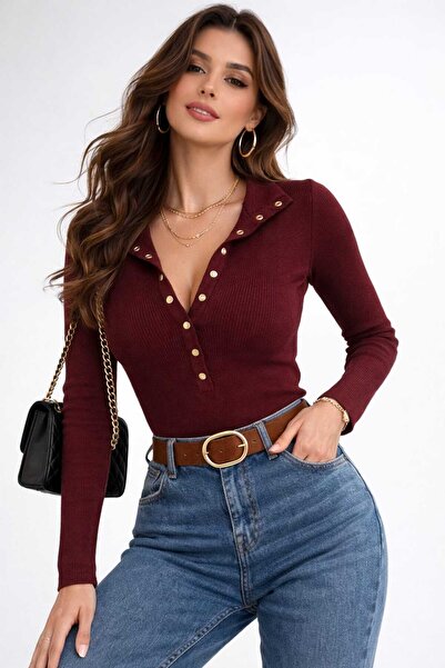 Rigel Kadın Fitilli Düğmeli Body Uzun Kollu Standart Beden