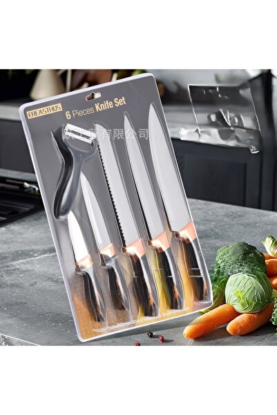 OEM Set 5 cuțite + curățător legume, inox, mânere negre cu aspect marmorat, p...