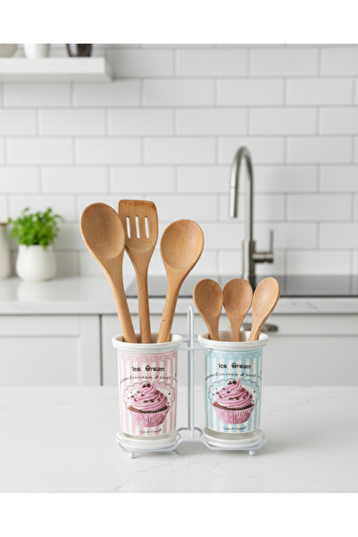 Mia Standlı Porselen Kaşıklık Seti - 2 Bölmeli Mutfak Düzenleyici ve Tezgah Ü...