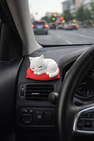 Rex Aksesuar Yastık Üstünde Yatan Sevimli Mini Kedi Torpido Süsü - Yastıkta Üstünde Uyuyan Kedi Araba Süsü Dekor