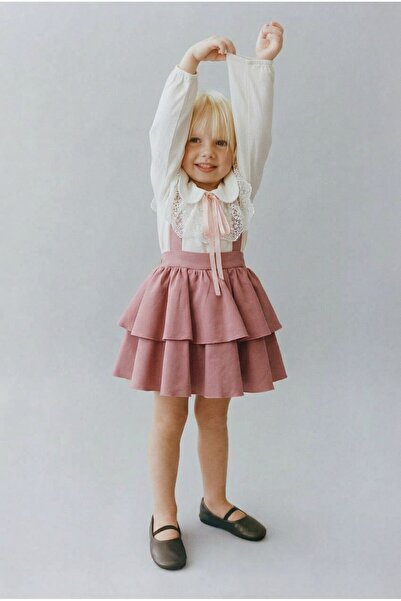 Magu Kız Çocuk Pamuklu Gül Kurusu Kat Kat Etekli Dantel Yakalı Takım