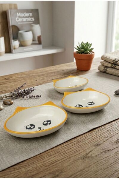 evinbizden 3'LÜ SEVİMLİ KEDİ FİGÜRLÜ SERAMİK 14 CM GENİŞLİĞİNDE SERVİS SUNUM ...