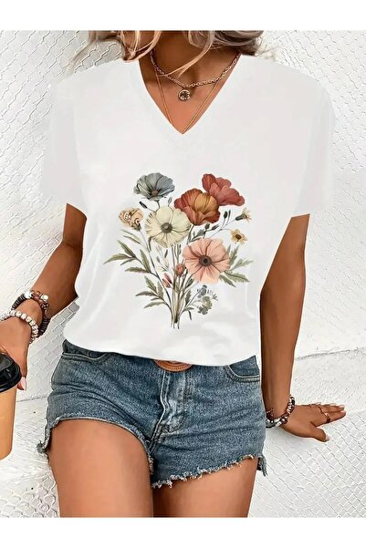 yombaa Printed T-Shirt. Short Sleeve V-Neck Summer & Spring Casual Top, Women...