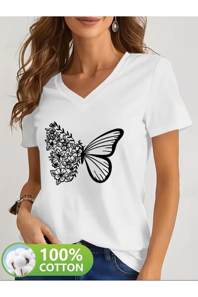 yombaa Printed T-Shirt. Short Sleeve V-Neck Summer & Spring Casual Top, Women...
