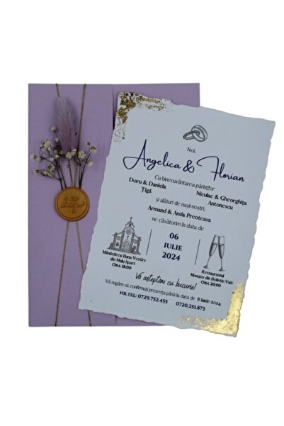 Fabricacucadouri.ro Invitație de nuntă cu plic violet și sigiliu alb