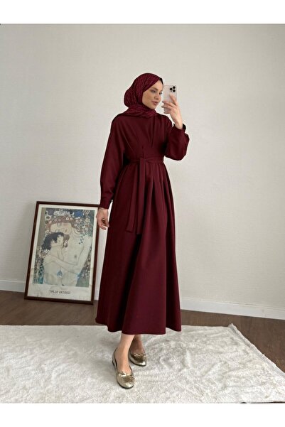 RFK Butik Women's Double Fabric Dress with Pockets - Burgundy