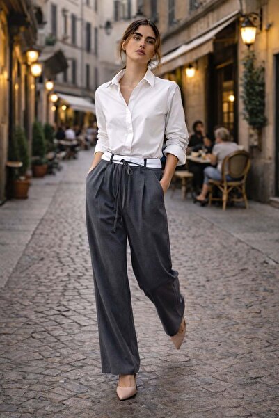 ibeeka Urban elegance high waist lace-up pants - gray - m