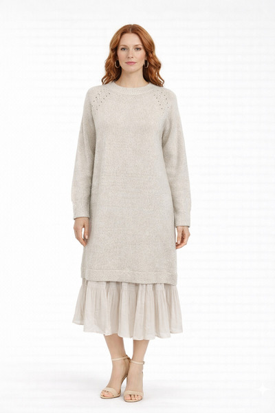 Neden Tekstil Stone Color Shirt Skirted Knitwear Sweater Dress