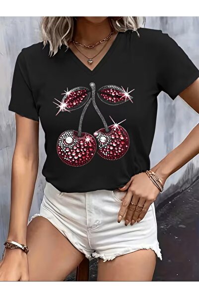 yombaa Printed T-Shirt. Short Sleeve V-Neck Summer & Spring Casual Top, Women...