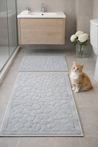 HOMEMOME Cotton Pcs Bathroom Mats Pebble Stone 2-Piece Set Gray