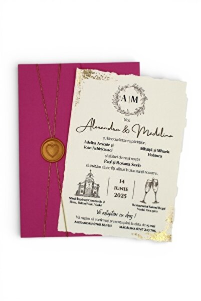 Fabricacucadouri.ro Pachet 50 Invitație nuntă pe carton roz cu sigiliu și foi...