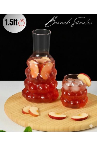 KdrElektronik Baloncuk Tasarım Üzüm Desenli Cam Sürahi ve Bardak Seti - 1.5 L...