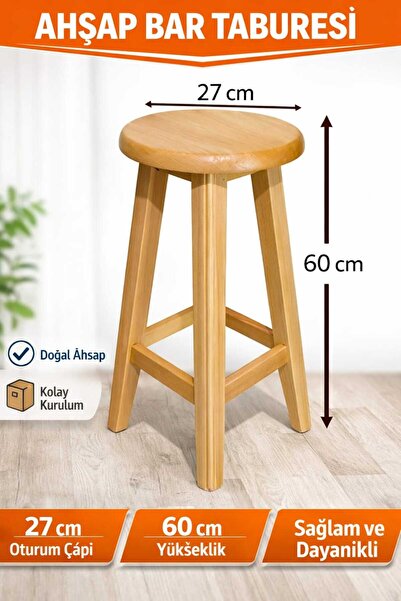 ÇALIK Masif Ahşap Tabure – Doğal Ahşap Sağlam Mutfak & Balkon Taburesi 60cm E...