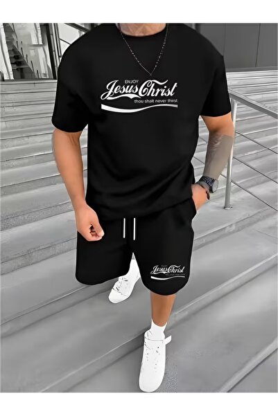 puolikuu Men's Oversized Tracksuit with Shorts - Jesus Printed T-Shirt - Shorts