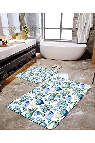 Homiko Yengeç Patterned 2-Piece Large Size Bath Mat Set Tlhmb-275