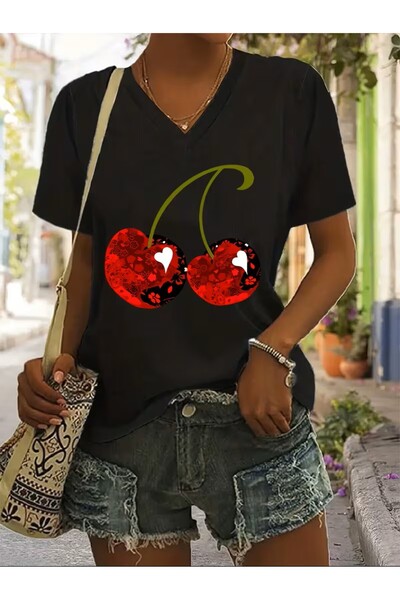 yombaa Printed T-Shirt. Short Sleeve V-Neck Summer & Spring Casual Top, Women...