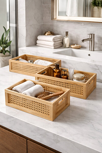 Tuğrastore Lüx Tasarım 3 lü Bambu Organizer Makyaj Saklama Kutusu ve Çok Amaç...