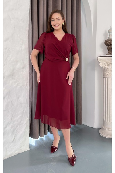 Butik Nilyam Kadın Büyük Beden Kısa Kol Kruvaze Yaka Bel Broş Detaylı Şifon M...