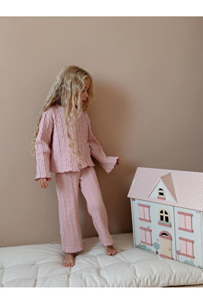 le petit sole Pembe Kız Çocuk Düğmeli Triko Takım