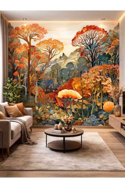 dekoartizan Altın Sonbahar Ormanı. Tekstil Tek Parça Duvar Kağıtları